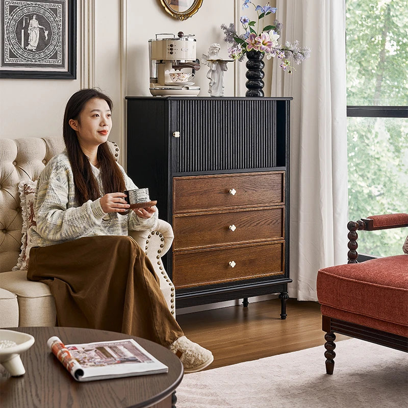 法式复古卷帘门储物柜客厅靠墙收纳柜卧室黑色床尾柜中古风小立柜