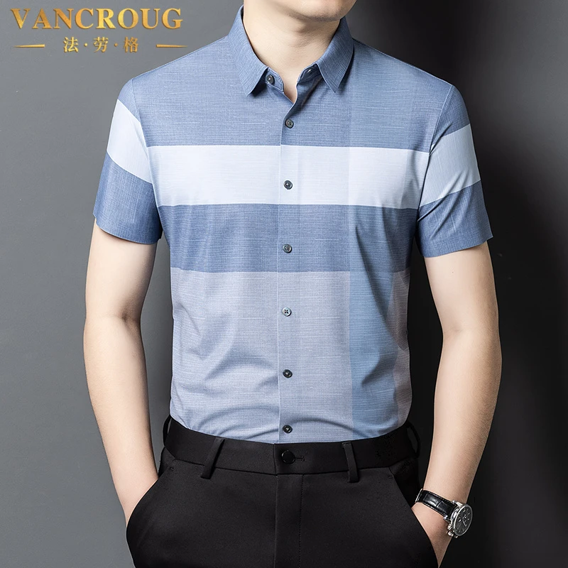 VANCROUG/法劳格短袖衬衫男士夏季商务休闲撞色薄款透气i格子衬衫