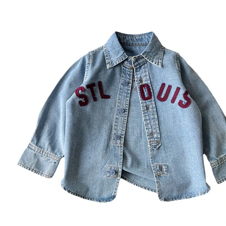 现货令佳童装儿童新款水洗做旧贴布牛仔衬衫