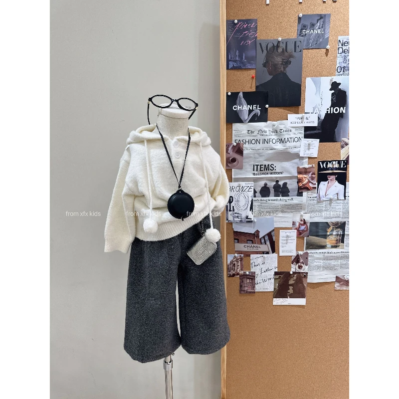 Bmy2025wt 女童2025冬季新款韩版可爱连帽毛衣洋气阔腿呢裤套装