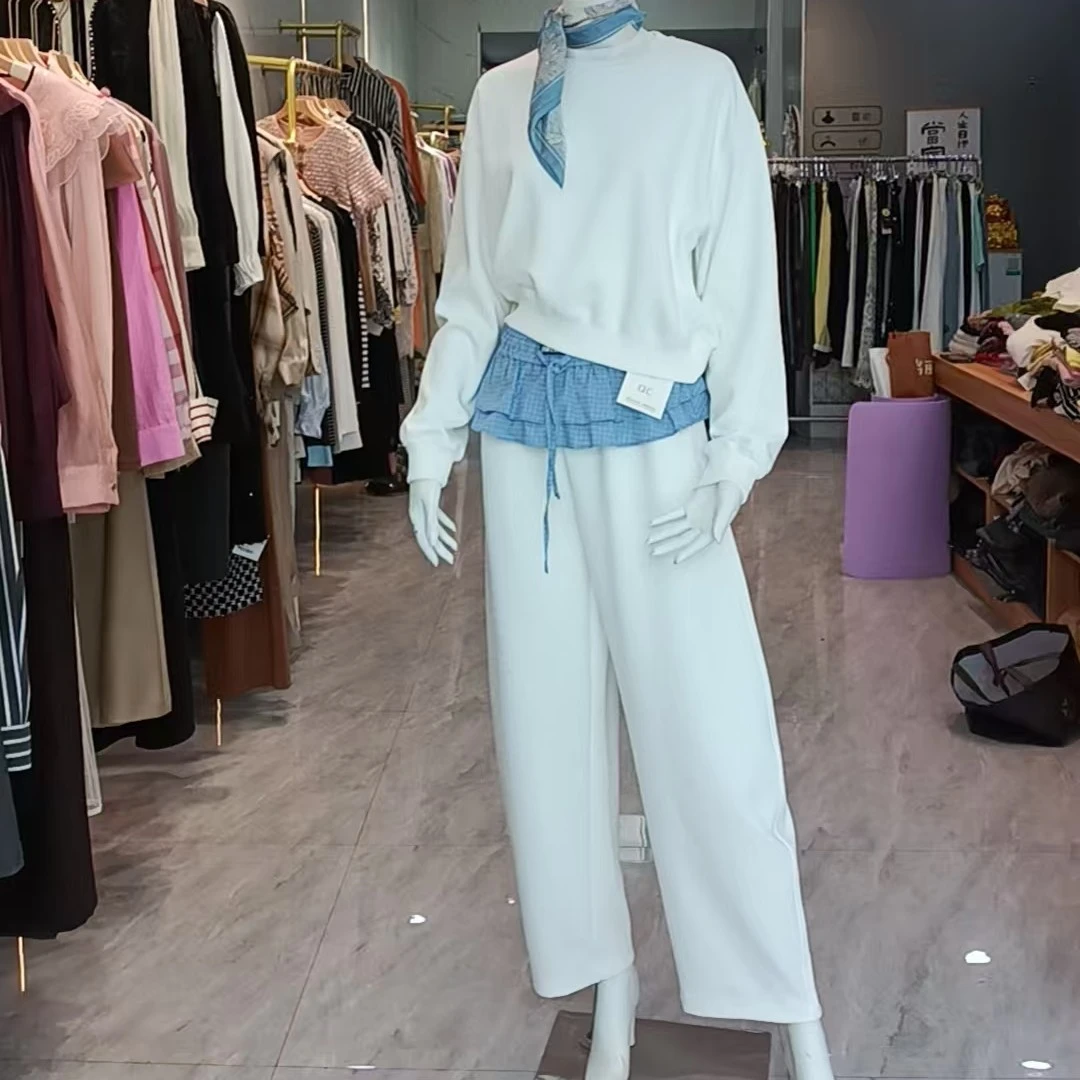 比序原创秋季新款套装圆领宽松卫衣+拼接格子花边弯刀裤两件套