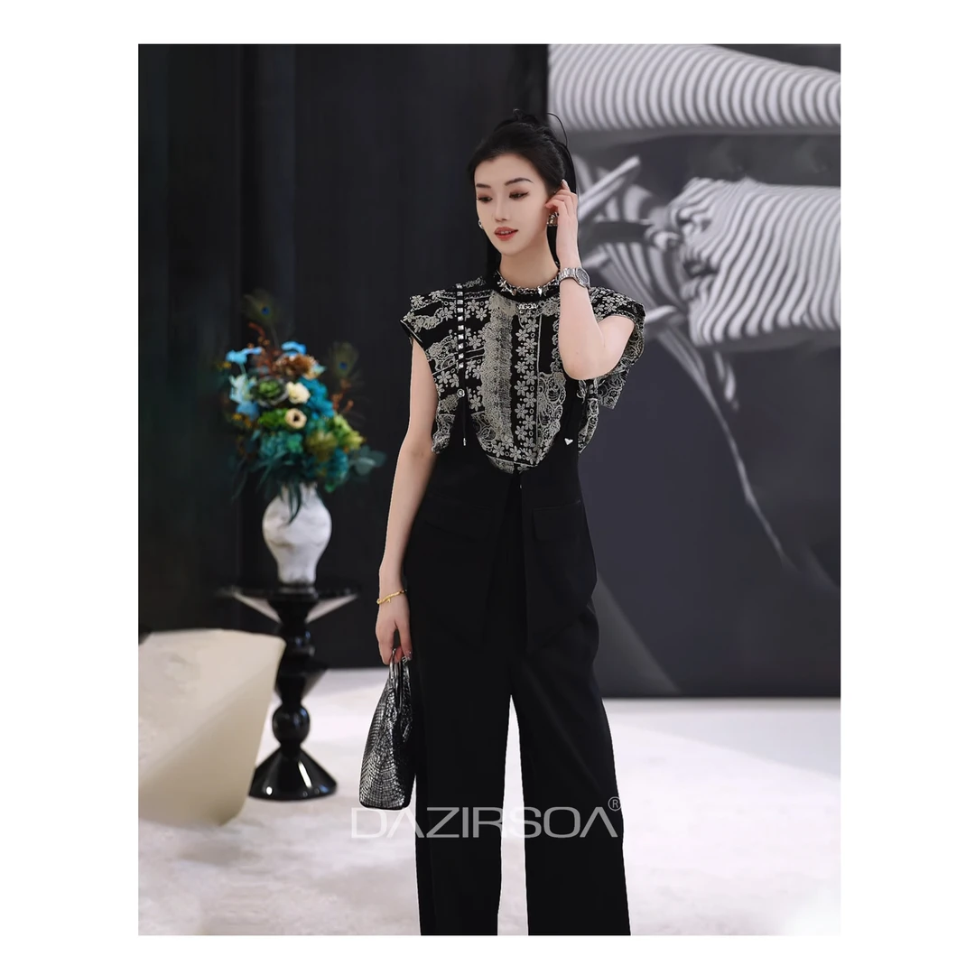 DAZIRSOA/达姿“耀映旷野”时尚百搭拼接花朵背带裤两件套 AA102