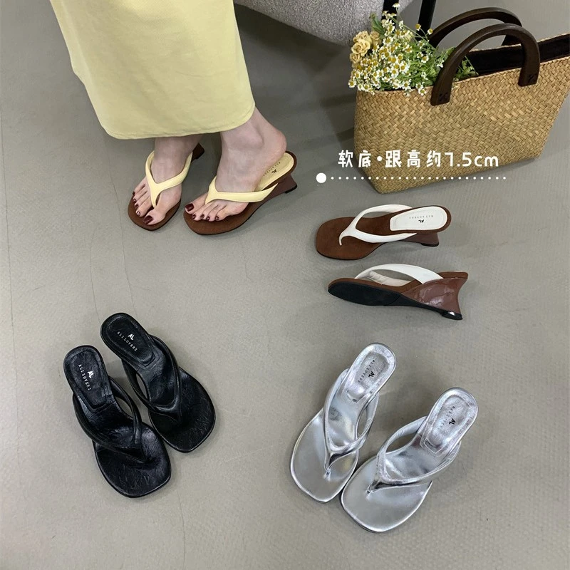 百搭增高显瘦方圆头高跟拖鞋女2025新款外穿通勤韩版纯色气质夹脚