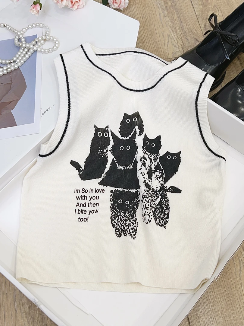 琳心丨夏季新款时尚卡通猫咪印花无袖针织衫 SX5186