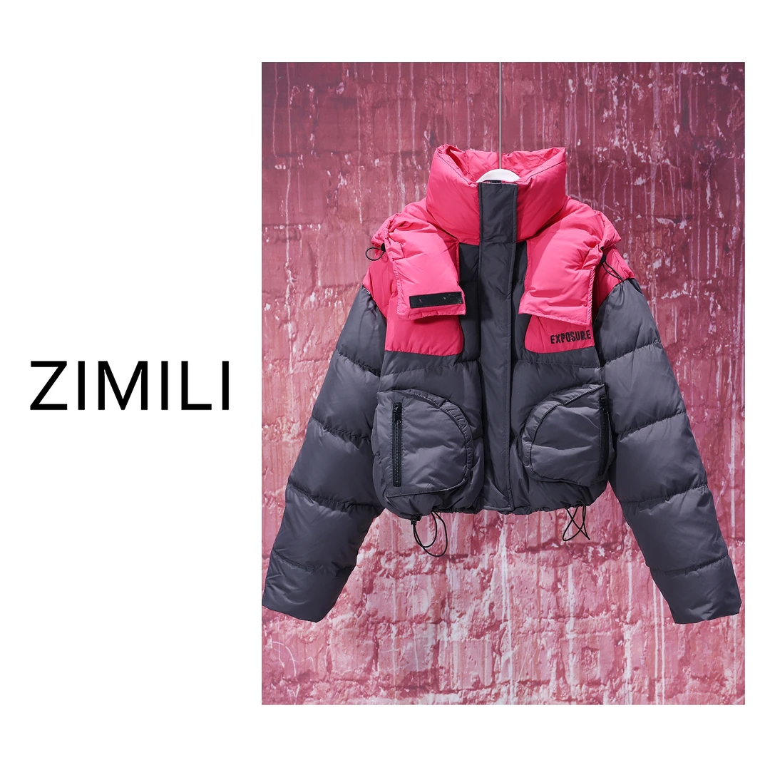 【LIANG哥女装】2024冬季时尚休闲红/灰撞色拼接连帽羽绒服WD5903-1