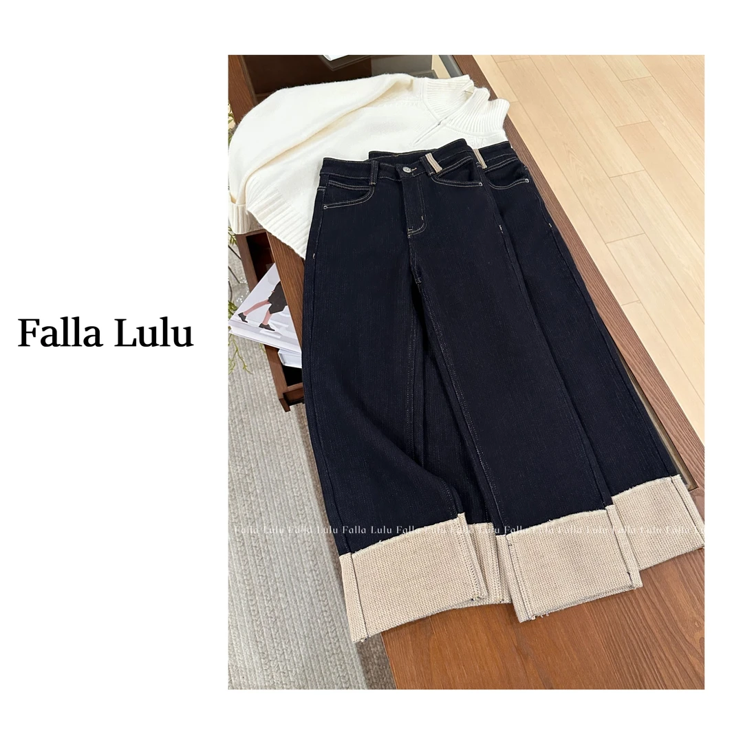 @英子家 柜货奶奶裤 / 加厚加绒翻边高腰显瘦直筒牛仔裤 C2187