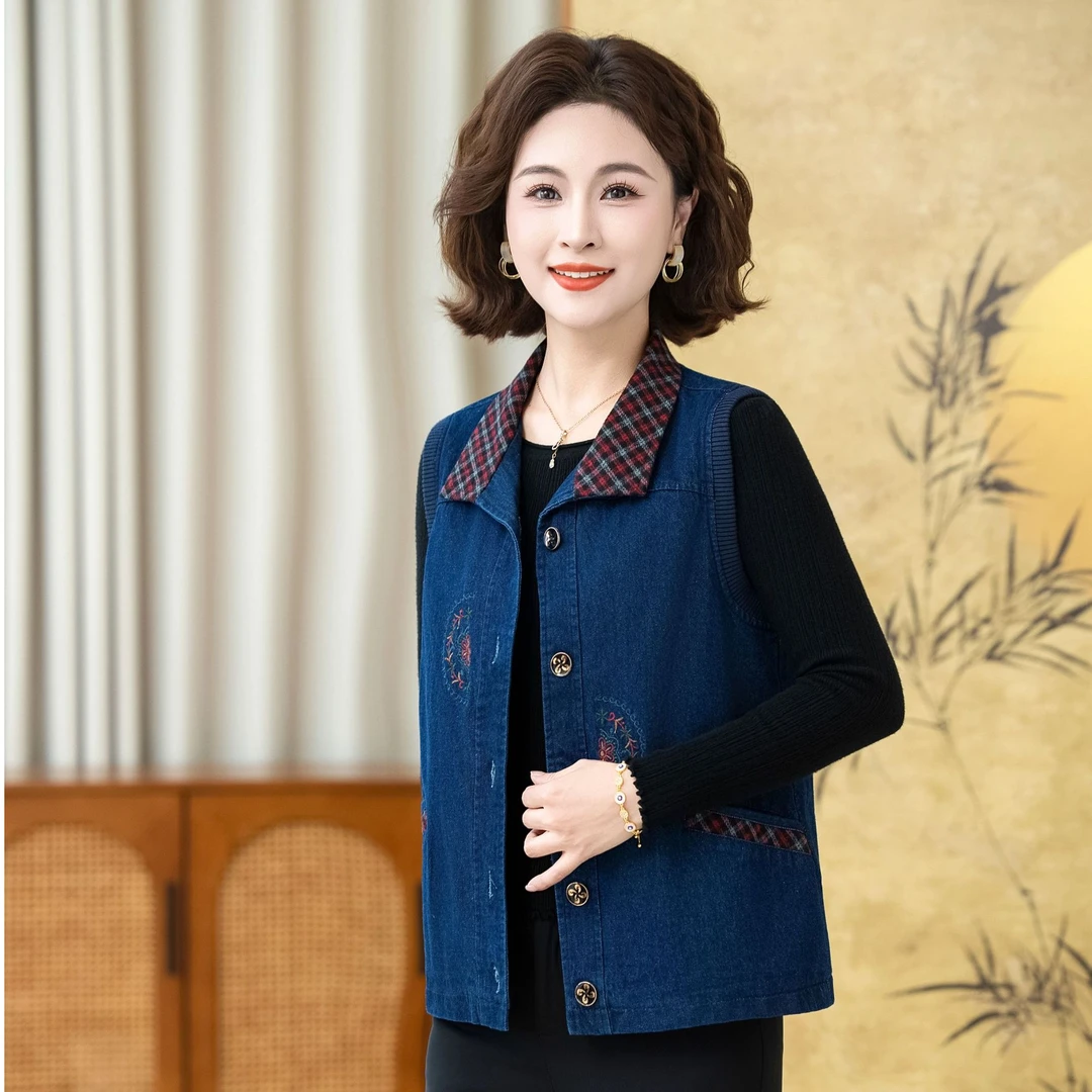 中老年春装女奶奶纯棉牛仔马甲妈妈无袖背心坎肩60岁老太太衣服