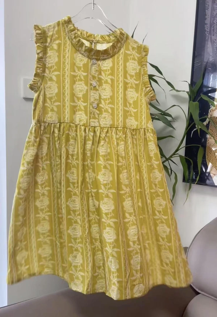 女童碎花黄色连衣裙休闲风棉绸人造棉蛋糕裙时尚夏季儿童