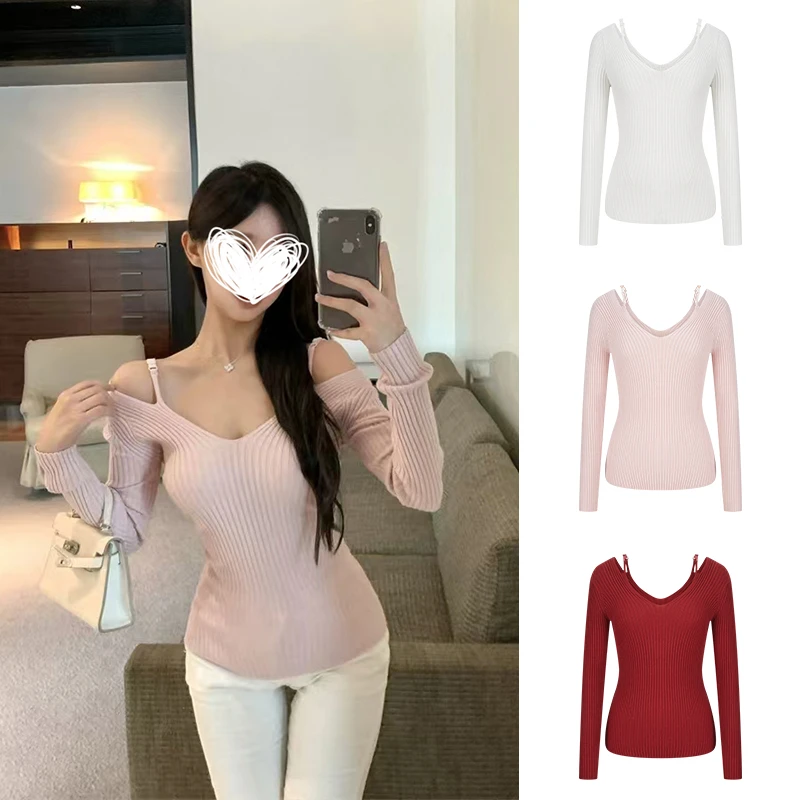 Moses Queen/魔西女王韩系粉色纯欲风V领露肩针织性感内搭上衣