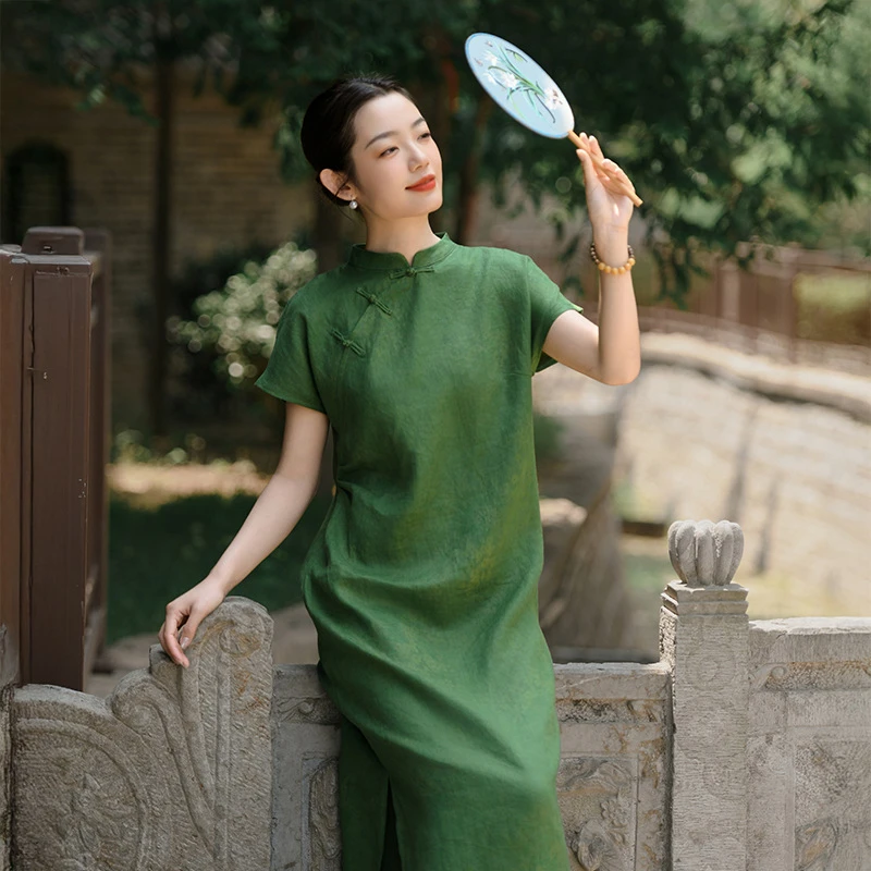 新中式改良民国风旗袍夏季新款短袖亚麻裙子印花中国风复古连衣裙