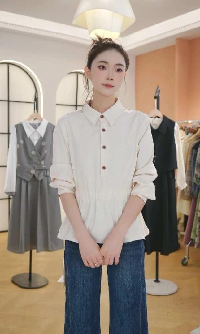 F3019法式泡泡袖衬衫女2025春秋新款收腰加厚叠穿打底上衣