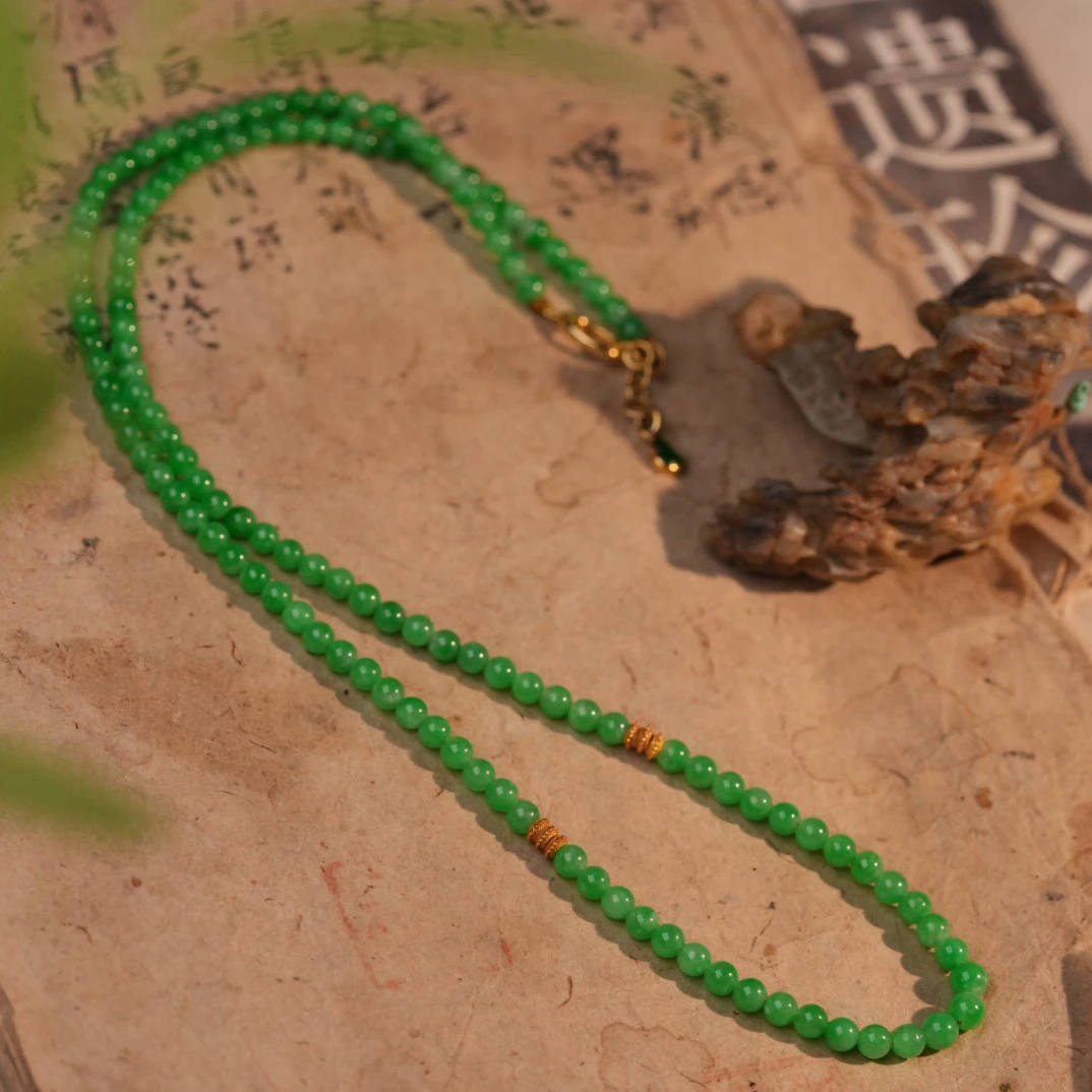 18k金 天然缅甸A货细糯满色阳绿翡翠小米珠珠链项链5903.167.02