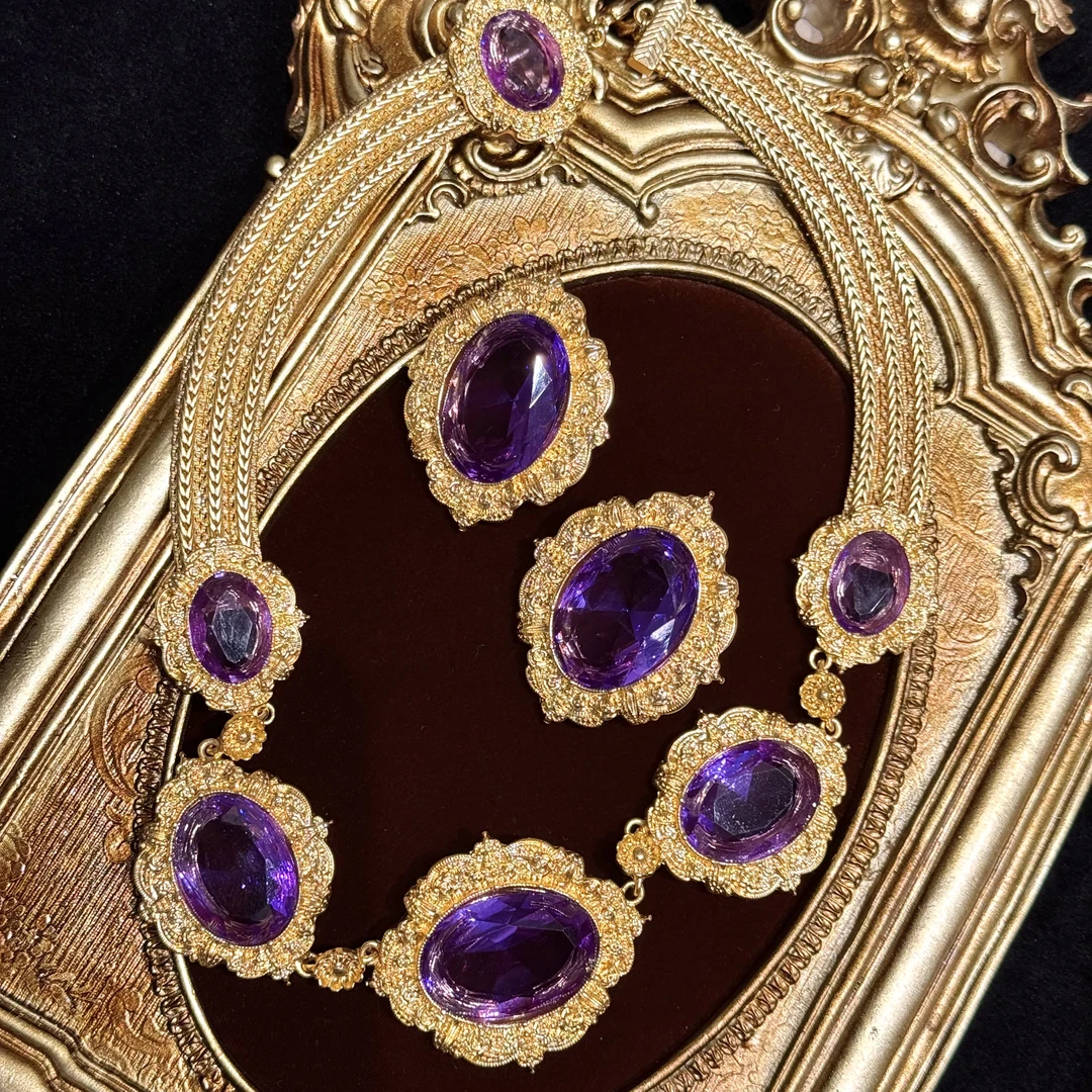 合金项链 Pesca Vintage 复古宫廷紫宝鎏金耳钉项链套组