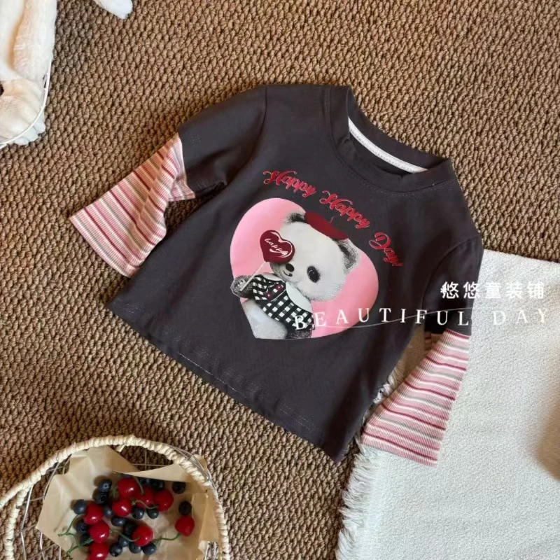 【秋上新】女童秋季新款2025森系女宝宝假两件纯棉T恤