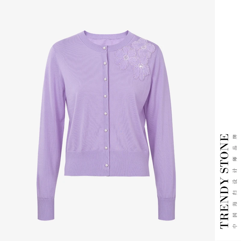 潮石新款“三织梅”手绣100精纺羊毛时尚百搭开衫T71819110