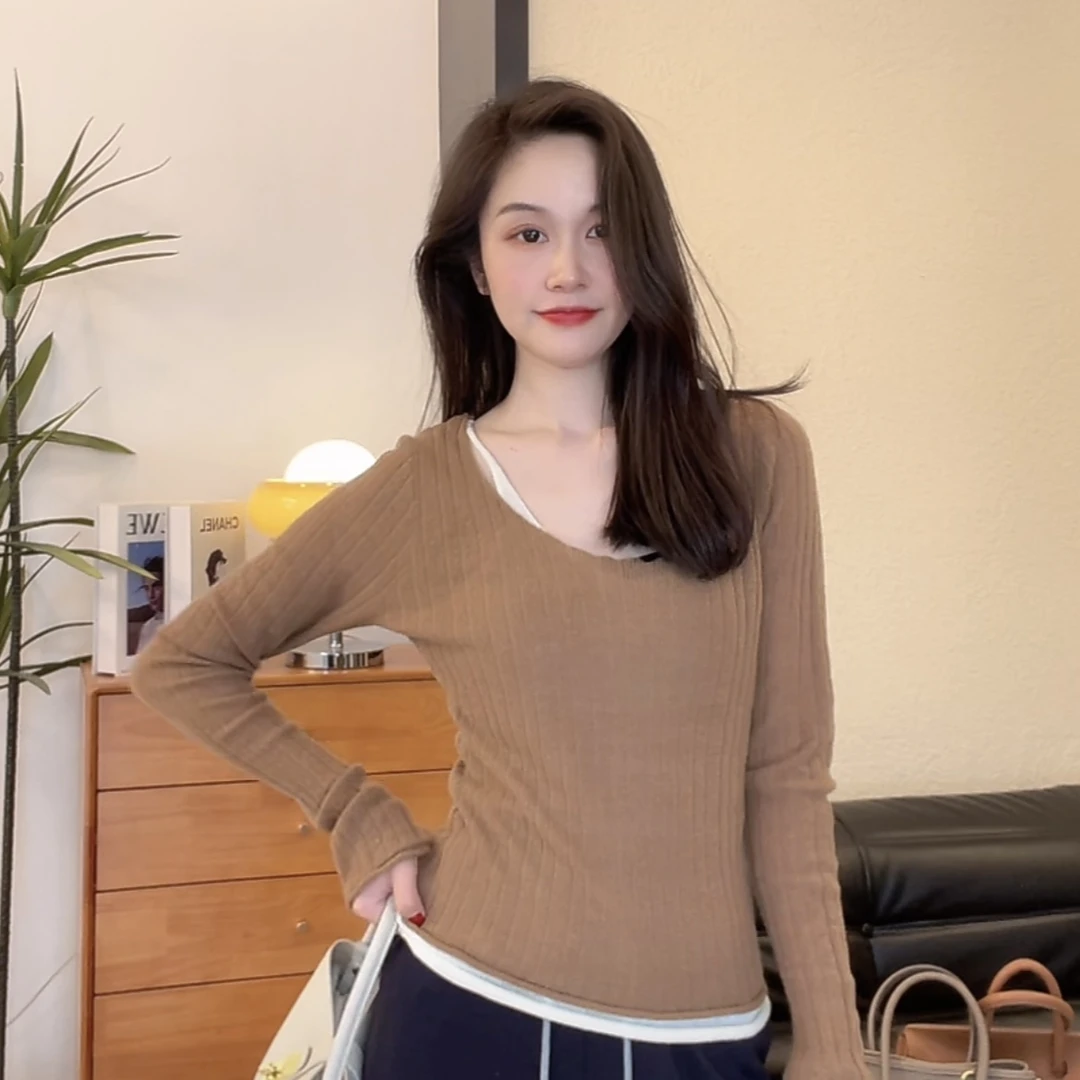 【SANSAN】百搭套头极简长袖显瘦两件套上衣DY-4518