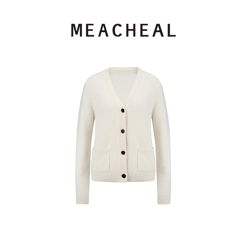 MEACHEAL米茜尔秋冬新款梨花白时尚休闲V领针织开衫
