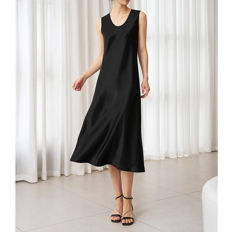 早春新款2025黑曜石极简优雅B入款双面缎醋酸无袖连衣裙高级感裙