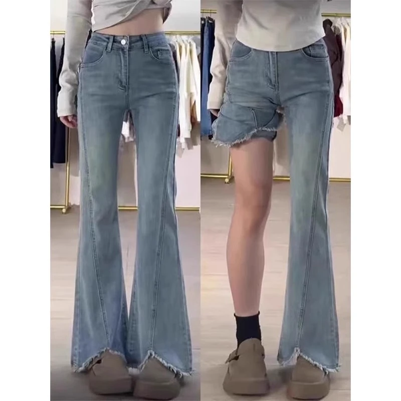 大码女裤微喇牛仔裤高腰女春季窄版胖mm开叉毛边显瘦显高喇叭裤子