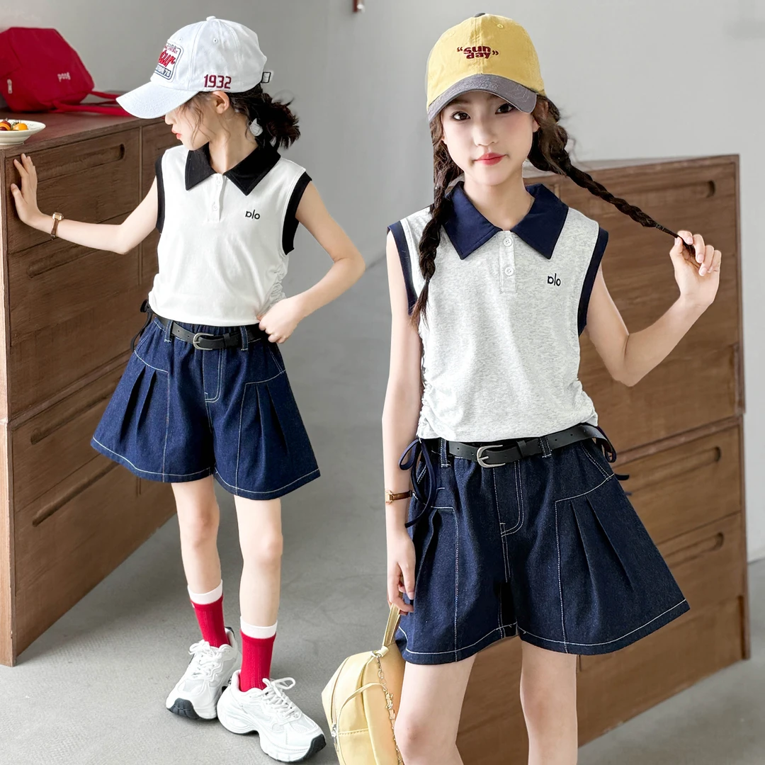 2025背心牛仔短裤套装女童时尚中大童简约潮酷气质优雅韩系无袖