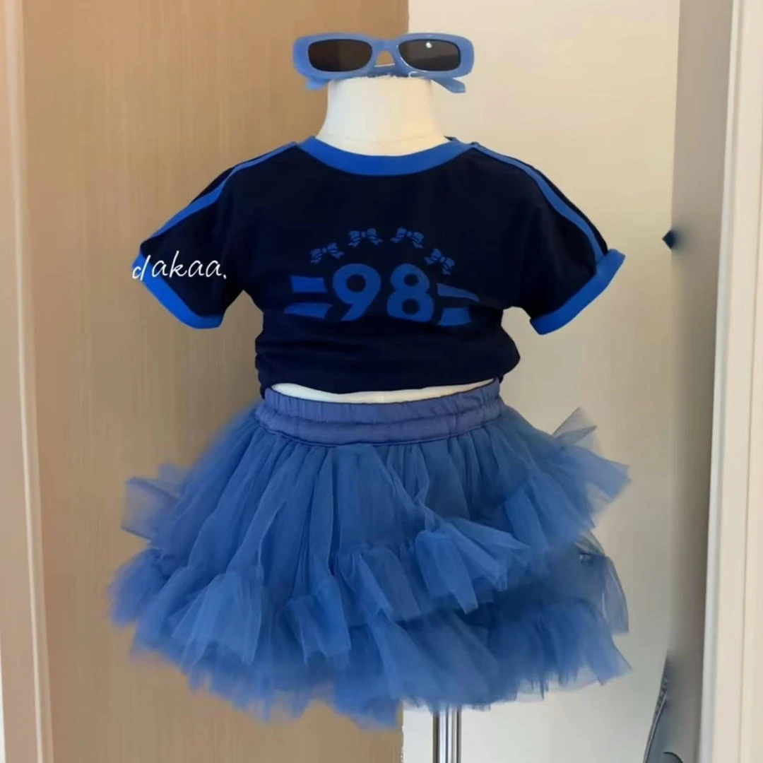 女童夏日运动风韩范新款套装儿童宝宝数字短袖t+网红洋气网纱短裙