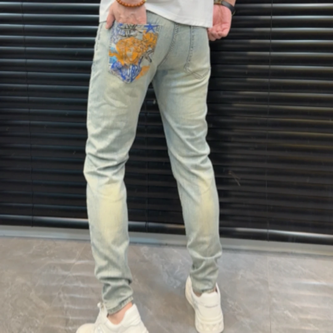 2025牛仔裤春夏男潮流嘻哈风欧美简约印花牛仔裤时尚
