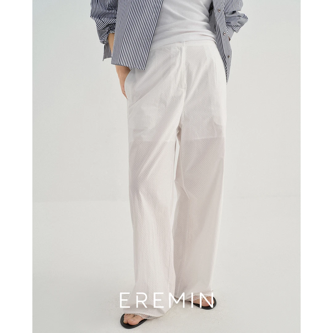 DE Mincollection镂空花边裤/长绒棉冲孔蕾丝花边直筒休闲裤55545