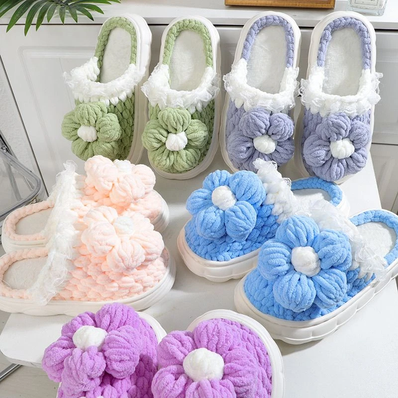 【成品发货】冬季新款蕾丝花边泡芙花云朵拖鞋手工编织加绒防滑拖鞋