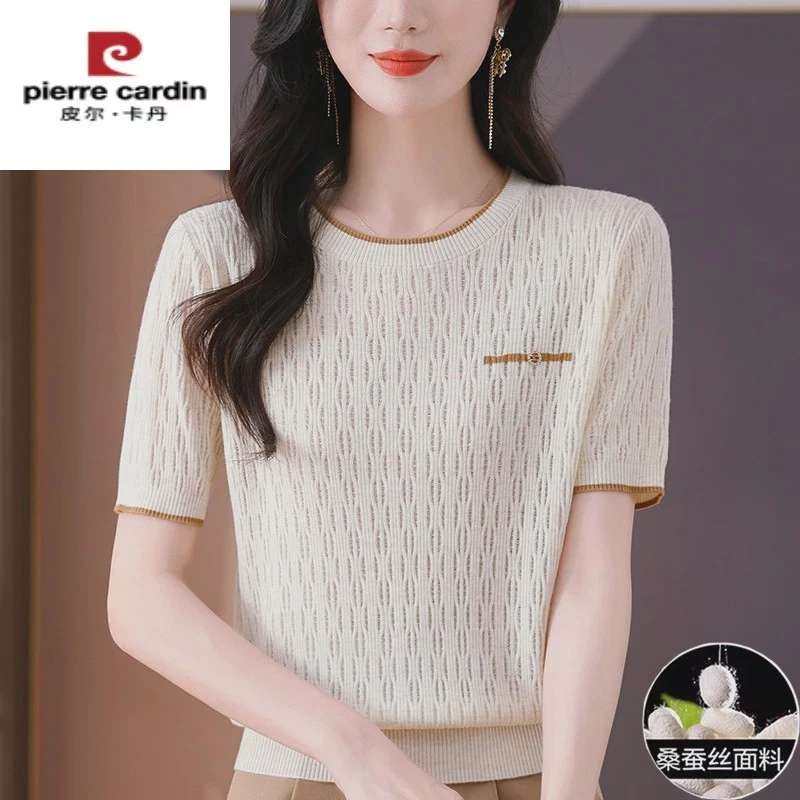 皮尔卡丹彩羊桑蚕丝短袖女t恤夏装薄款冰丝针织衫妈妈正肩短款上