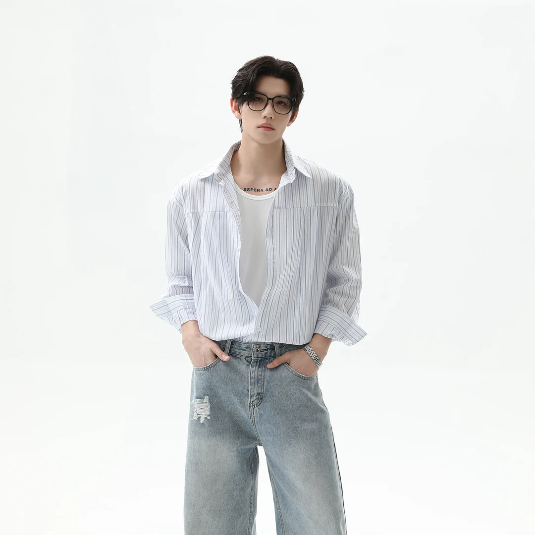 TURNTIDE简约通勤条纹翻领纯棉长袖衬衫休闲百搭cleanfit宽松衬衣