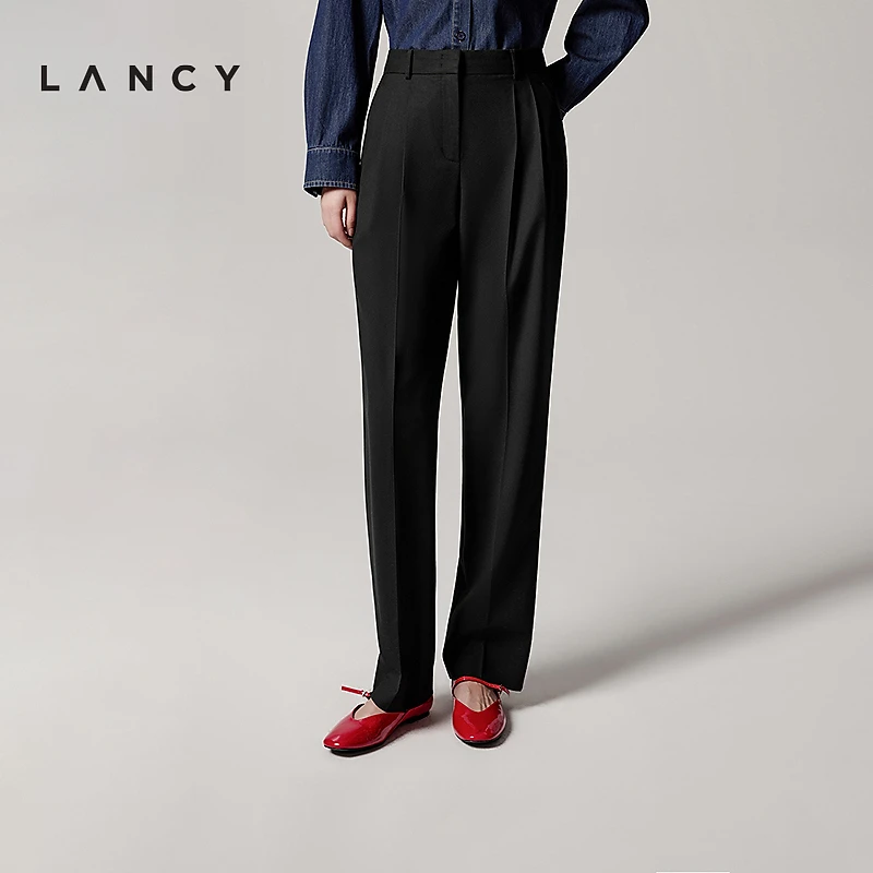 LANCY/朗姿2025年秋新款气质通勤直筒阔腿西装裤女捏褶显瘦长裤子