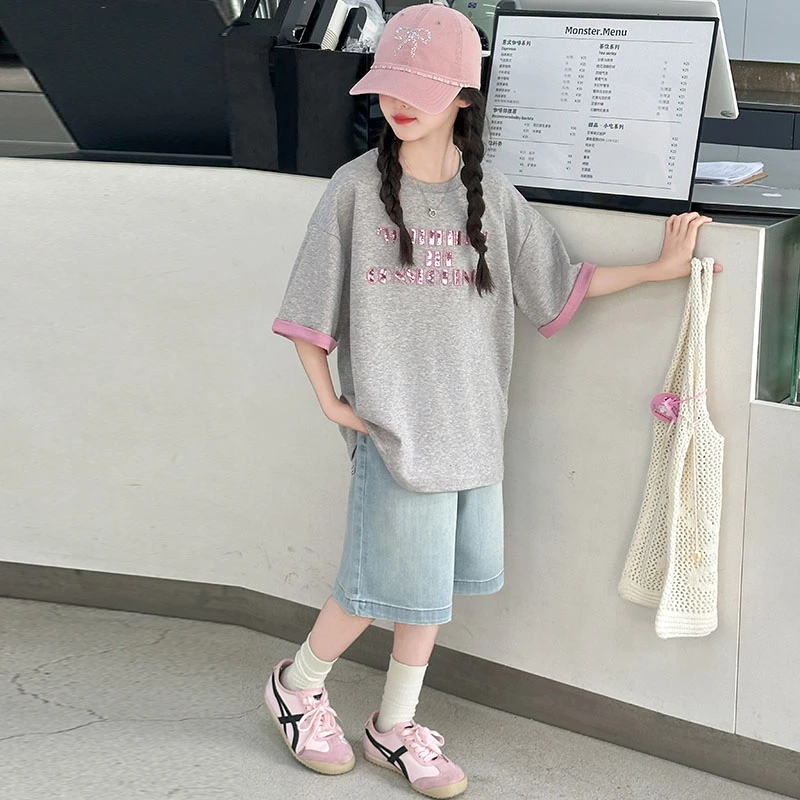 女大童休闲短袖短裤2025新款夏季薄款中大童时尚套装
