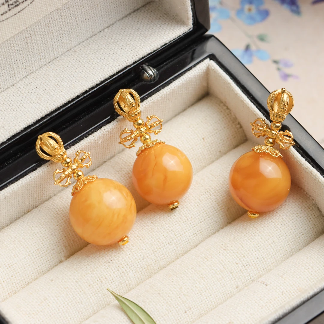 S925银镀金镶嵌蜜蜡圆珠男女款吊坠 不含链 （多样性发货 发其一）