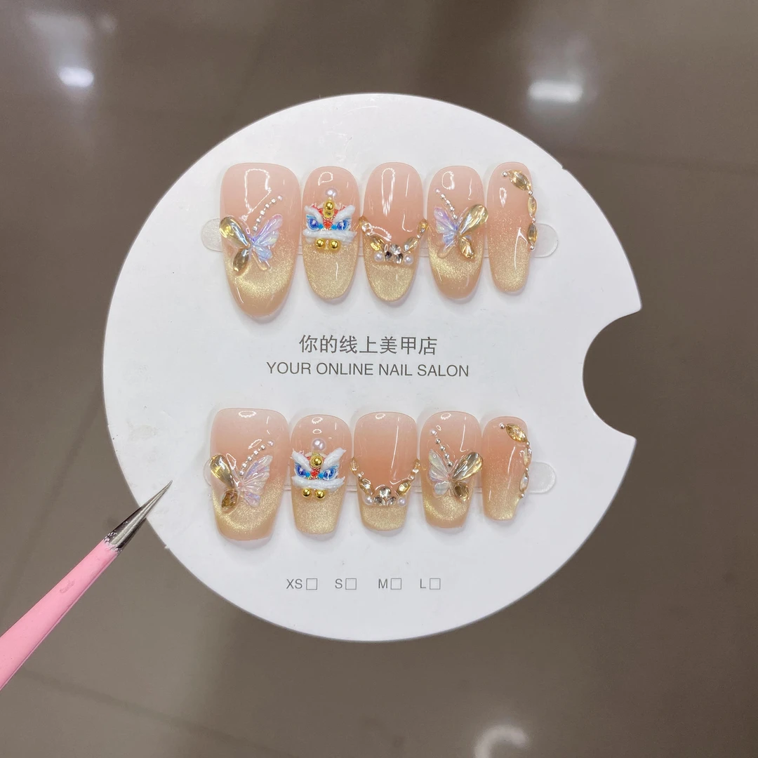 烫金醒狮光疗纯手工光疗穿戴甲中短梯中短椭圆短方10片-LXMZ-D32