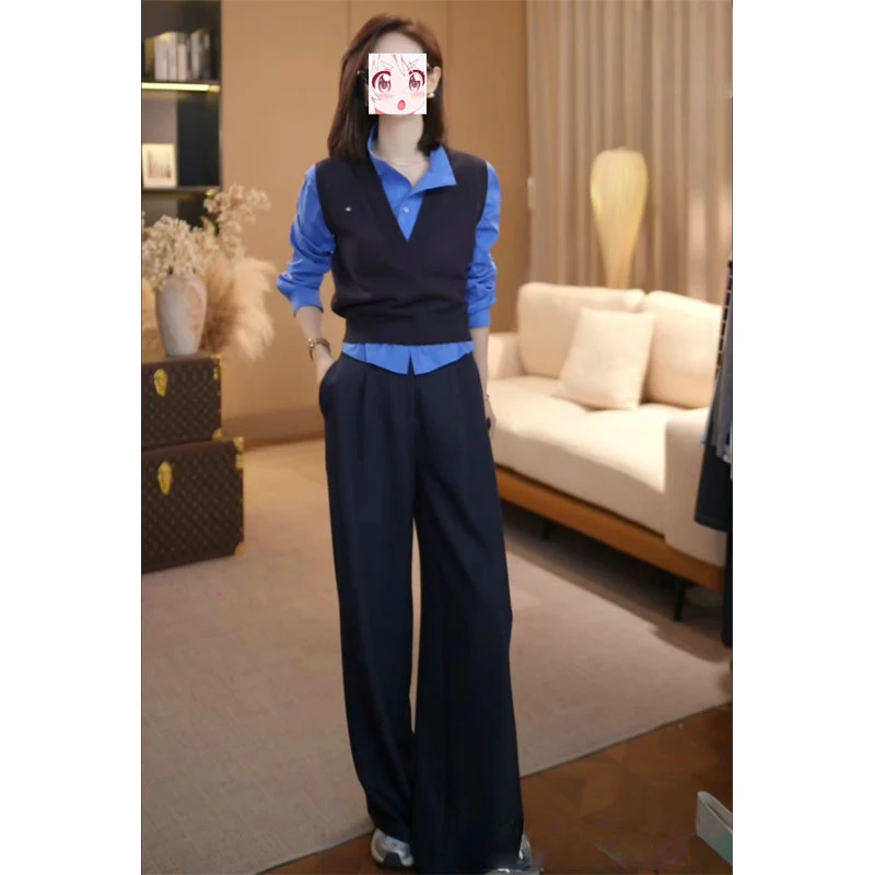 2025秋季高级感假两件长袖衬衫上衣收腰直筒西装裤通勤两件套
