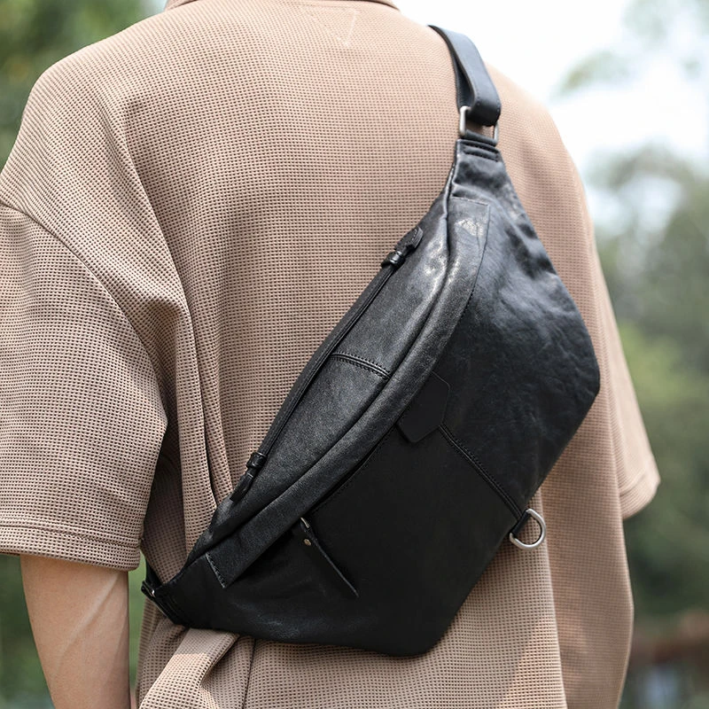 复古植鞣头层牛皮胸包真皮男士通勤斜挎包运动休闲手机背包腰包