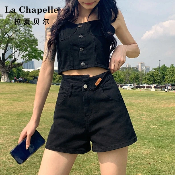 拉夏贝尔辣妹黑色牛仔短裤2025新款夏季弹力高腰显瘦宽松阔腿热裤
