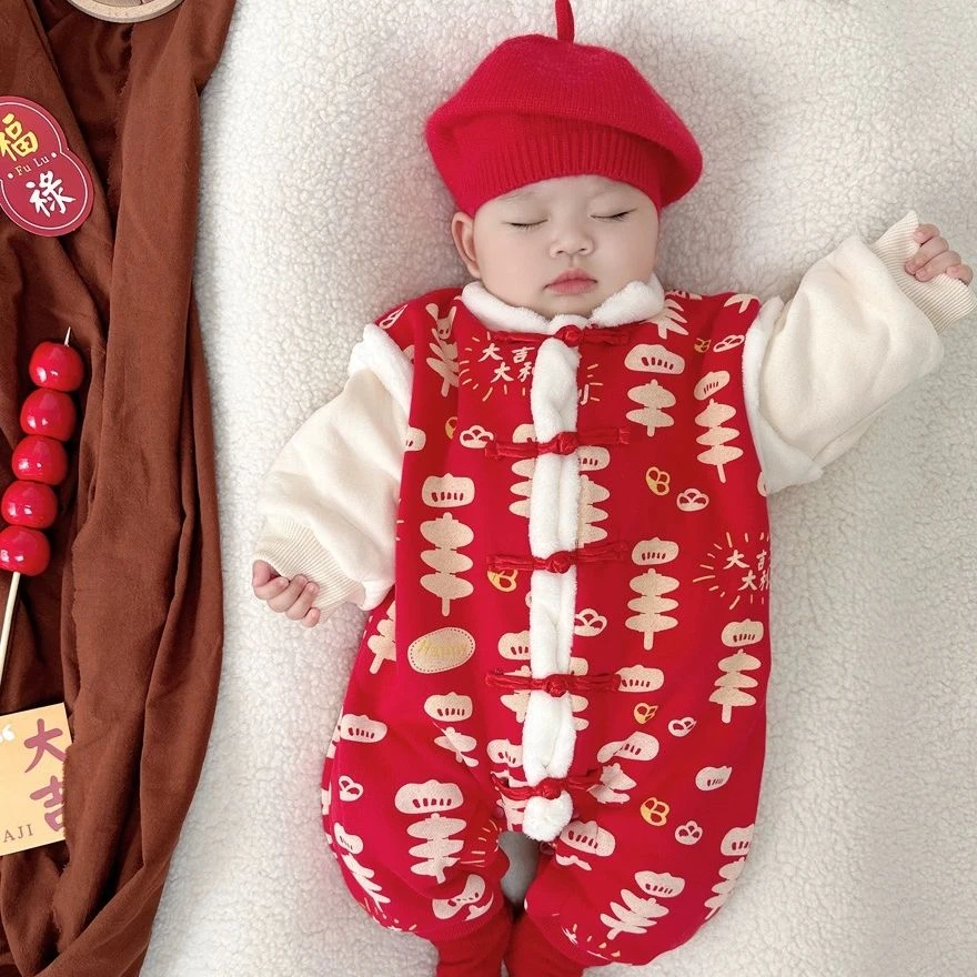 婴儿拜年服冬季男女宝宝喜庆加绒加厚连体衣撞色新年款保暖外出服