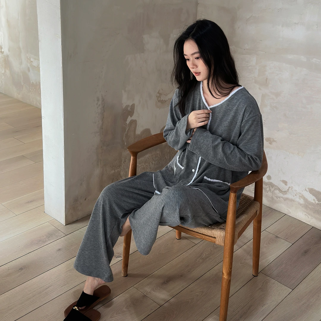 及好睡衣女秋冬季德绒加厚保暖家居服长袖冬天薄绒磨毛深灰色套装