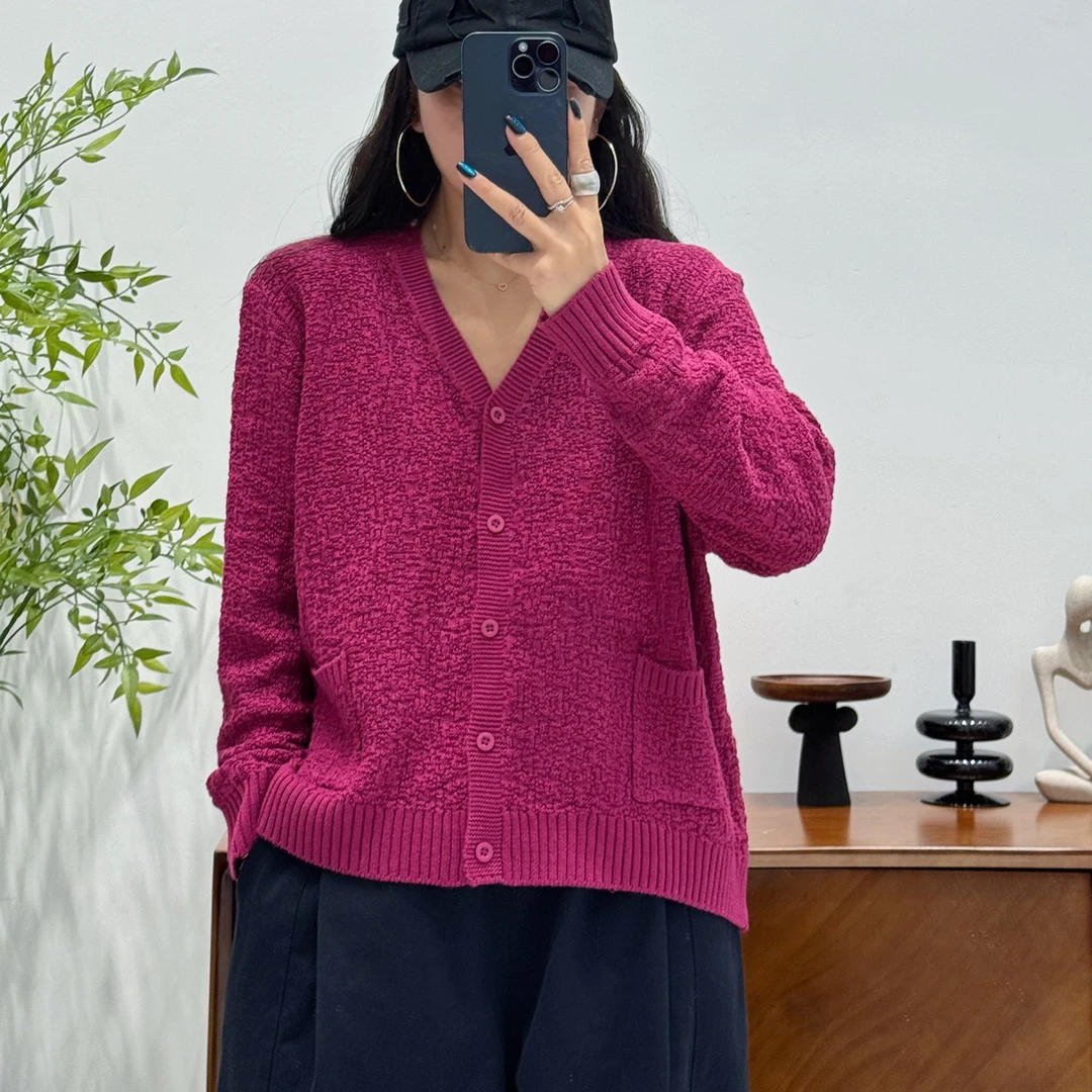 棉线款长袖V领针织慵懒风毛针织衫时尚女针织衫宽松秋冬百搭开衫