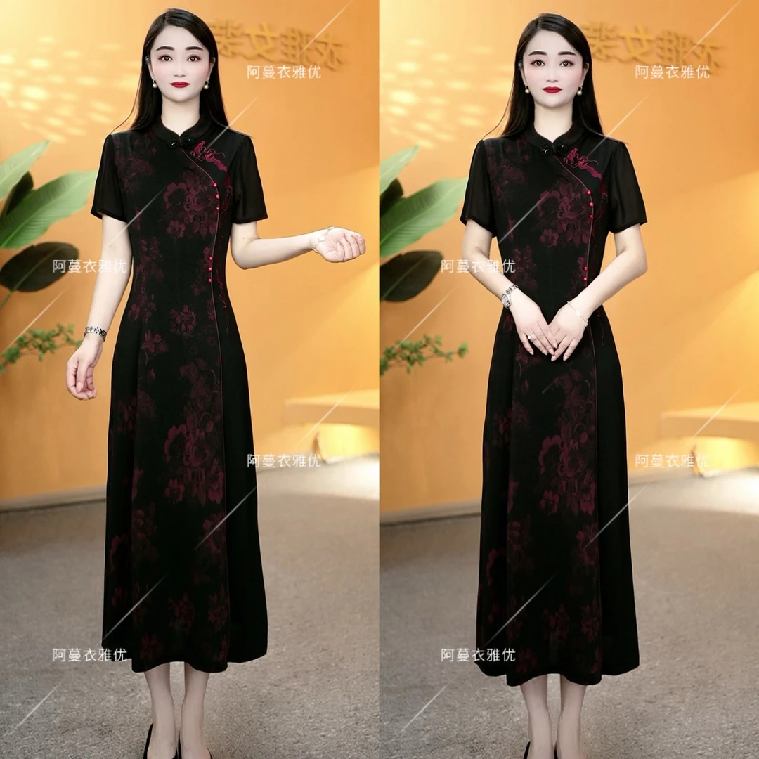 【衣雅严选】8088-1613#新款丝光弹力缎烫金花刺绣款旗袍裙