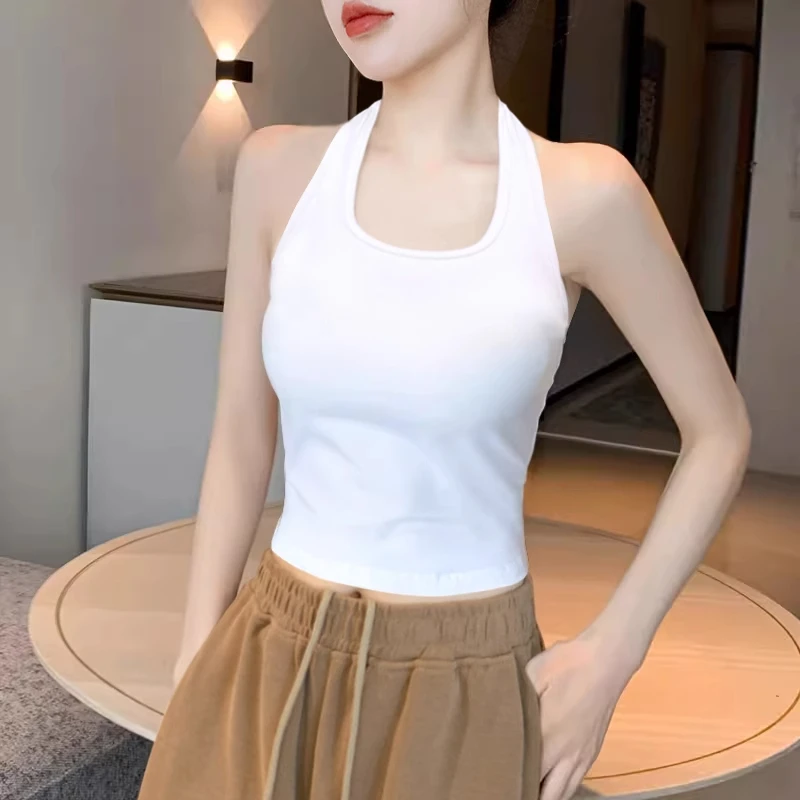 白色挂脖吊带背心女内搭打底美背文胸夏季外穿露脐带胸垫短款上衣