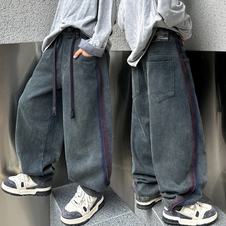 牛仔裤男童直筒宽松韩版坠感百搭学生好看耐穿裤子系绳阔腿长裤