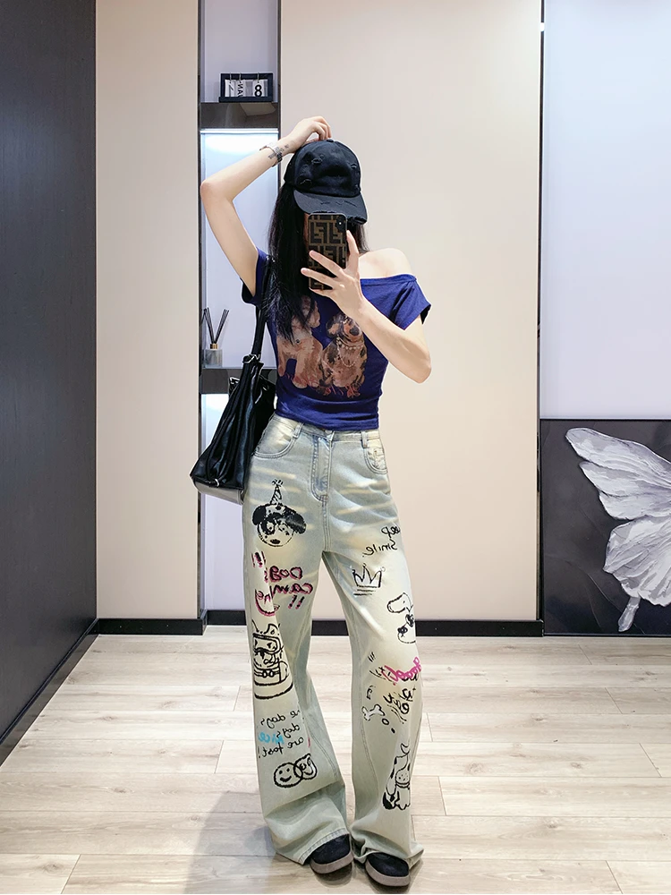 时尚百搭高腰显瘦小狗卡通涂鸦牛仔裤女2025年早秋新款宽松阔腿裤