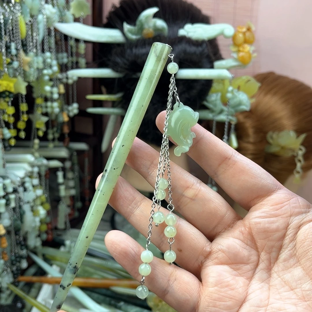 蛇纹石玉发饰未镶嵌长度16.5厘米左右