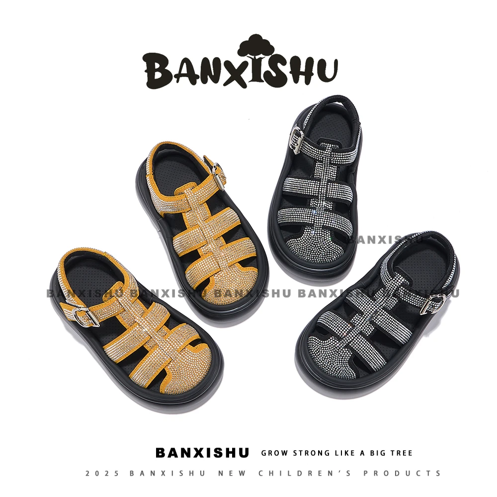BANXISHU班喜树童鞋2025夏季新款中大童亮钻休闲时尚罗马凉鞋子