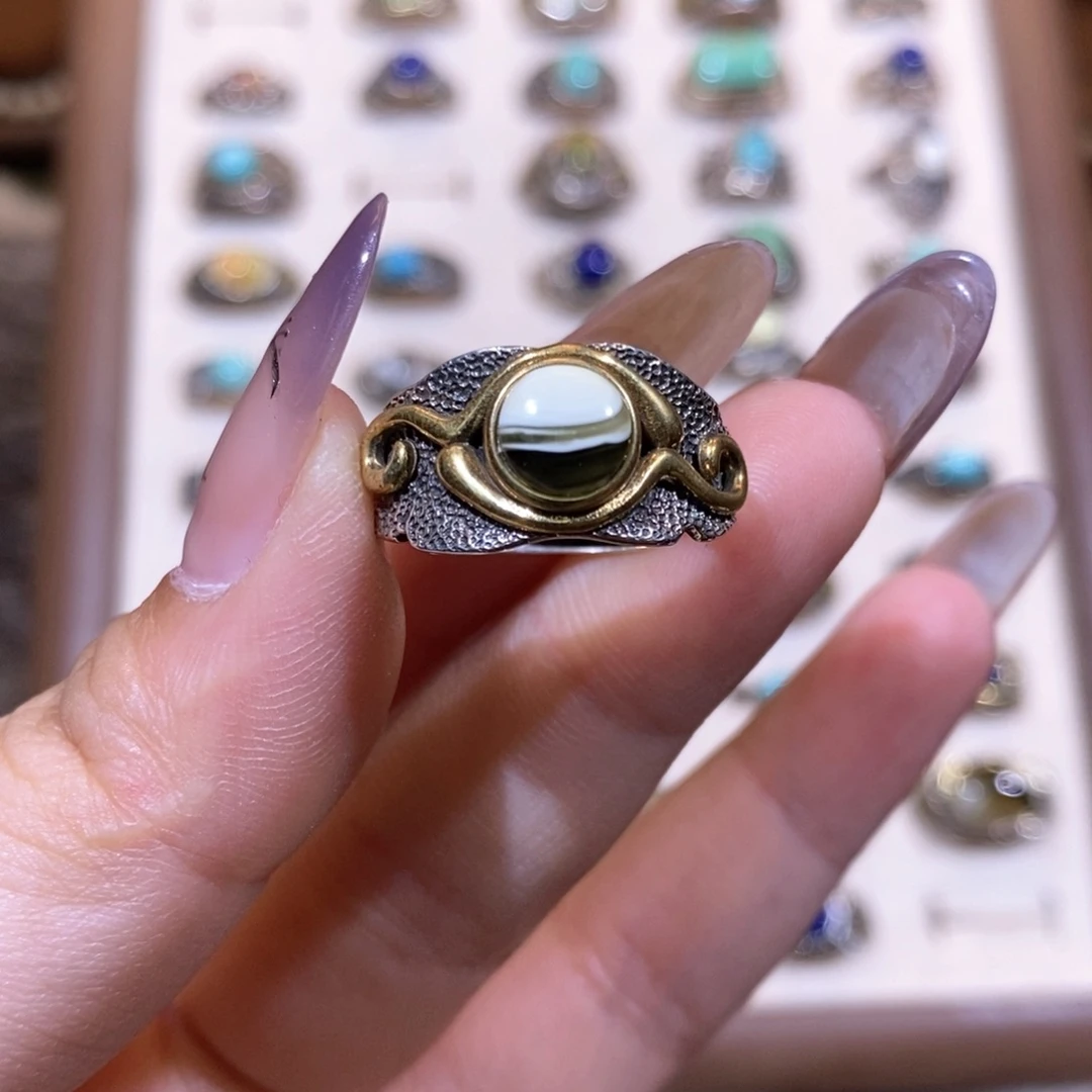 琥珀戒指银S925镶嵌奶****?戒指