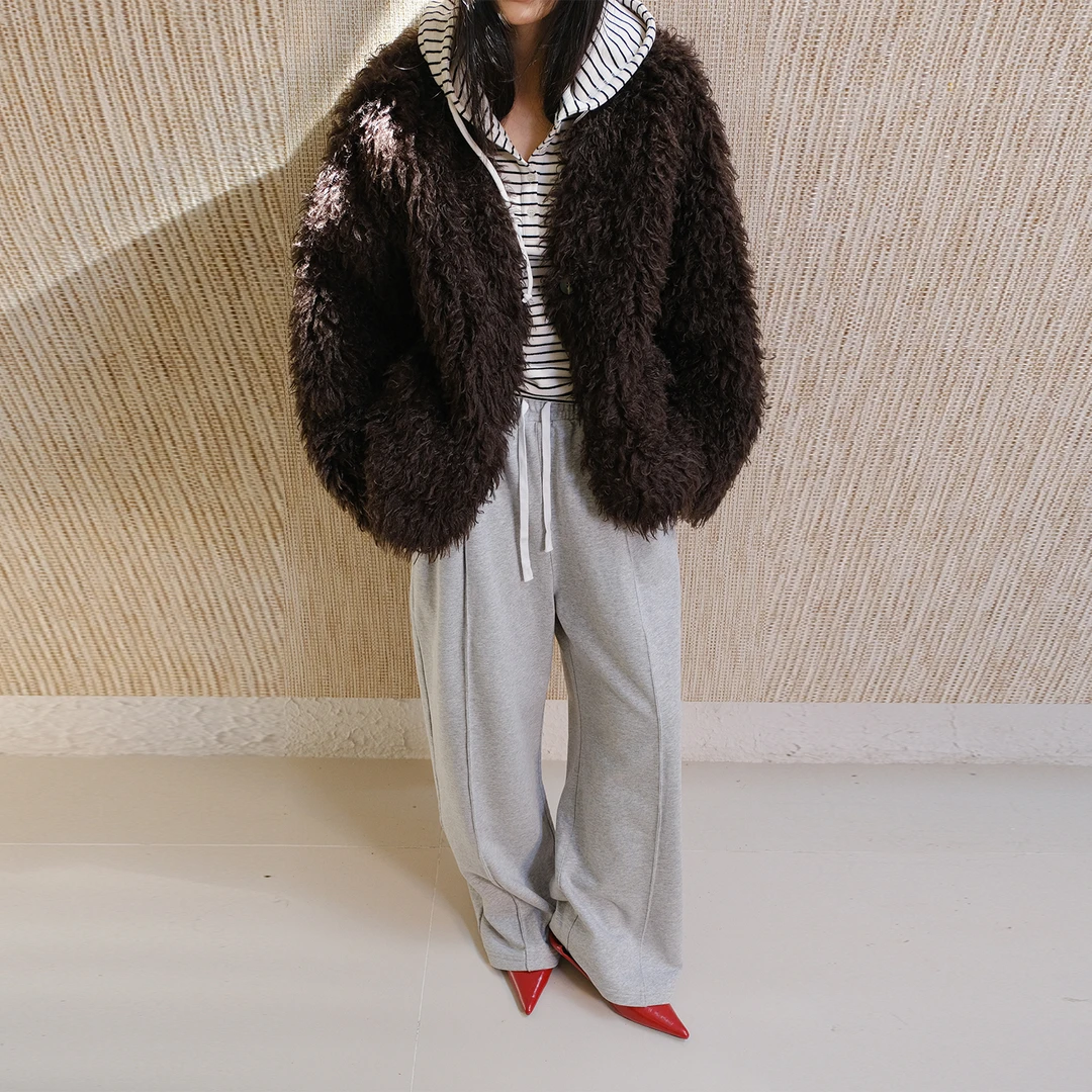 FRESH UP暖绒羊毛皮毛一体环保皮草女长卷毛短款保暖V领