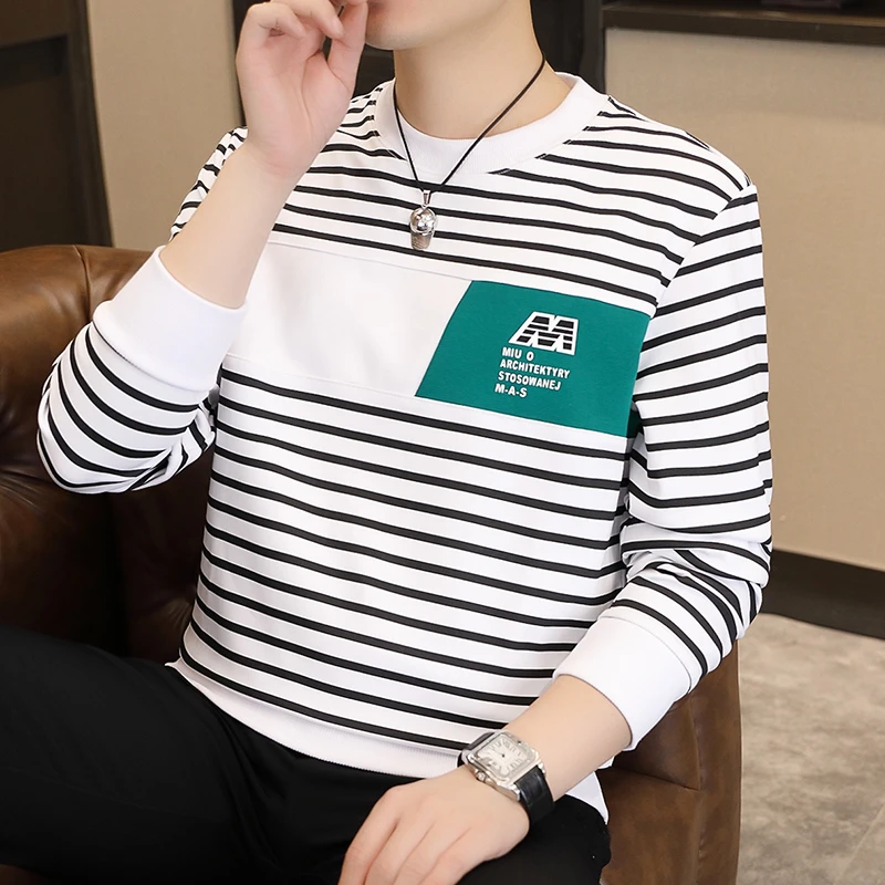 秋季拼色时尚圆领长袖男士卫衣潮流休闲百搭条纹拼接上衣服打底衫