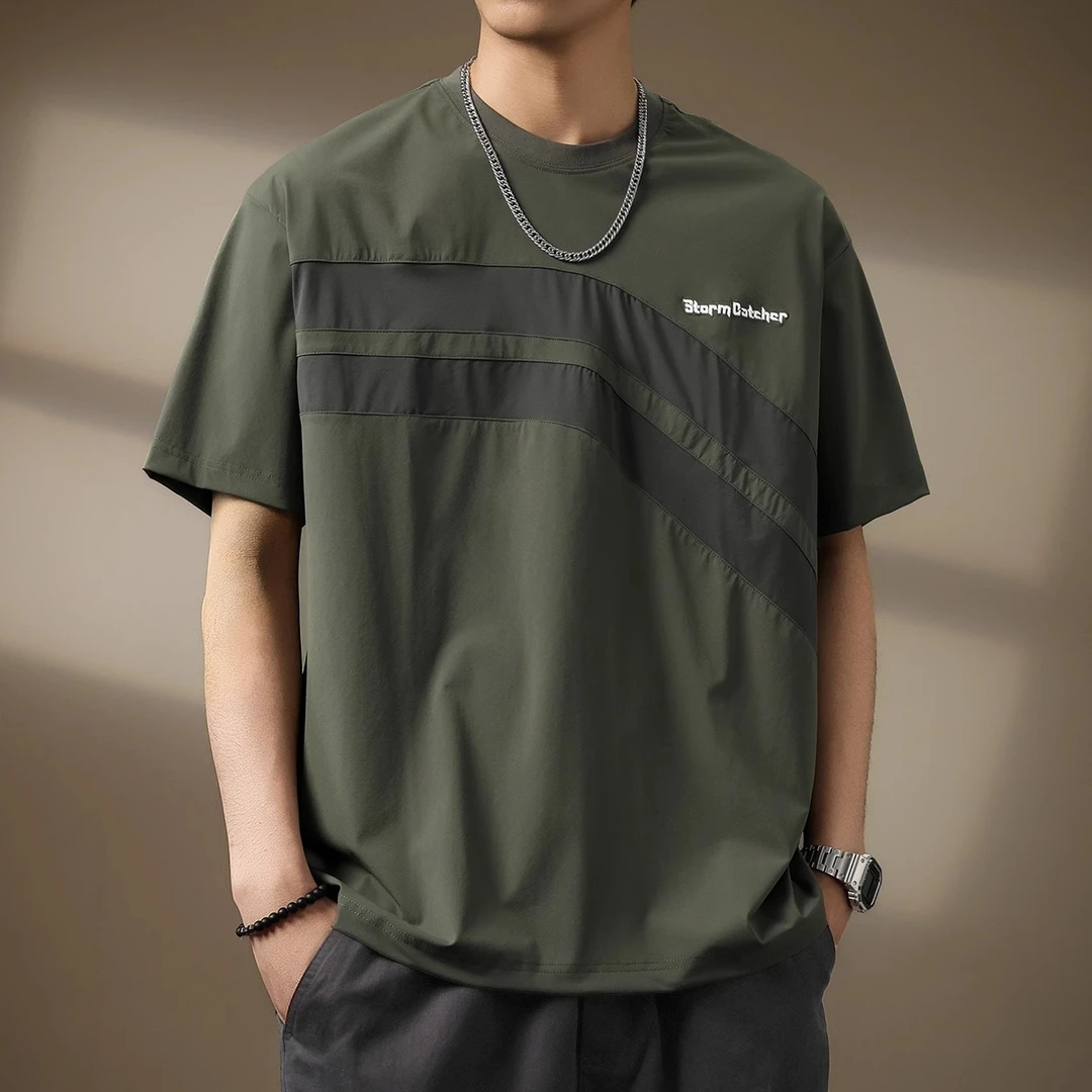 MR.MUDI/穆迪先生休闲短袖T恤男夏季新款冰丝速干凉感拼接体恤衫